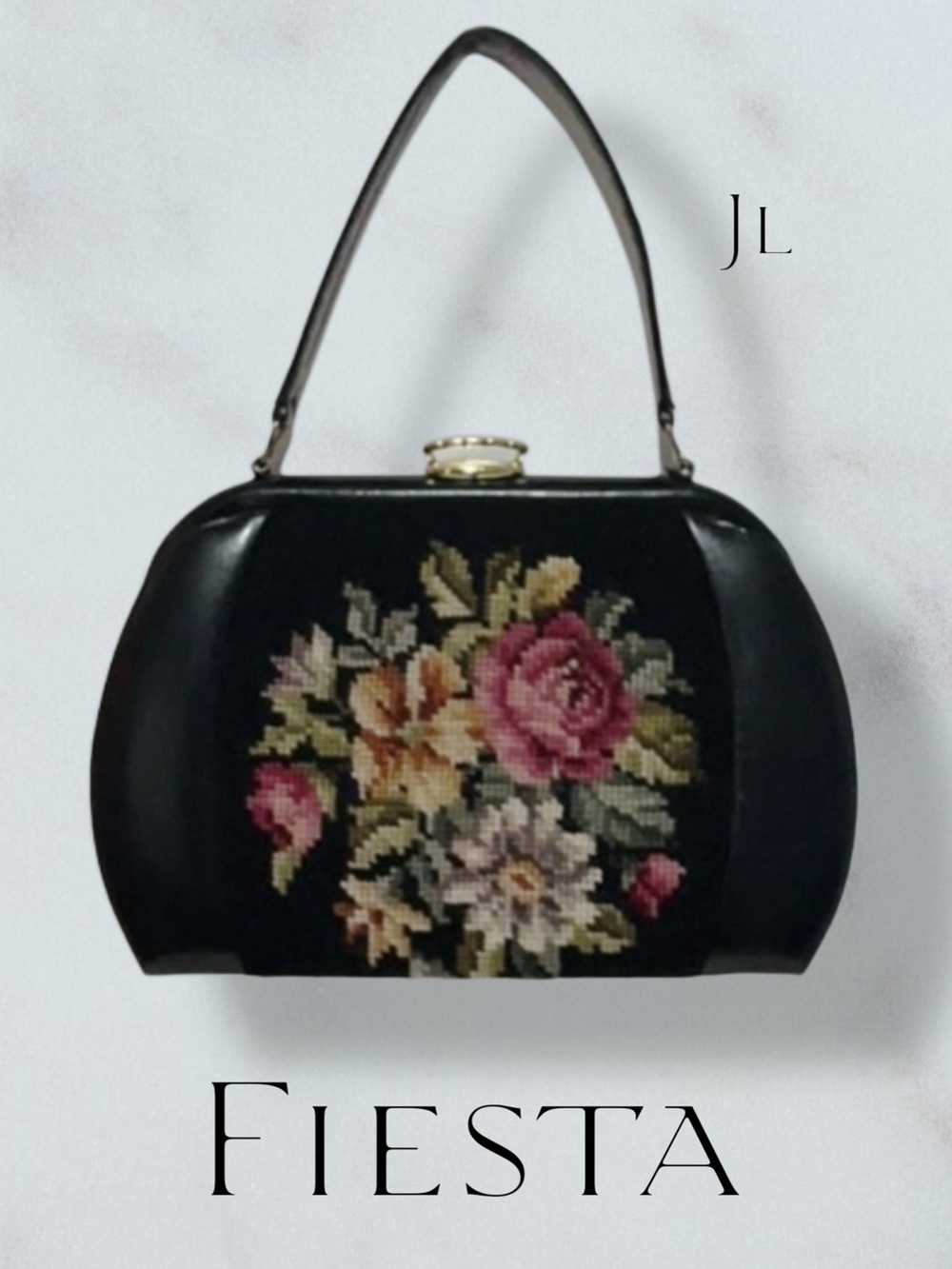 FIESTA Leather Handbag with Wool Needlepoint Front VINTAGE